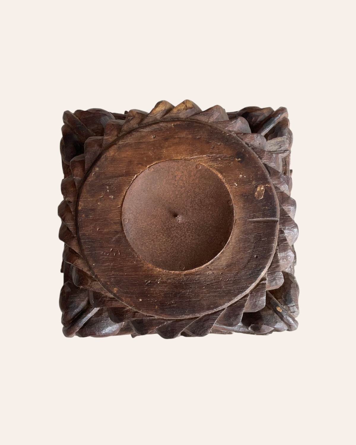 vintage gujarat hand-carved scrollwork wooden pillar base candle holder