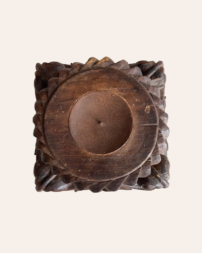Vintage Gujarat Hand-Carved Scrollwork Wooden Pillar Base Candle Holder