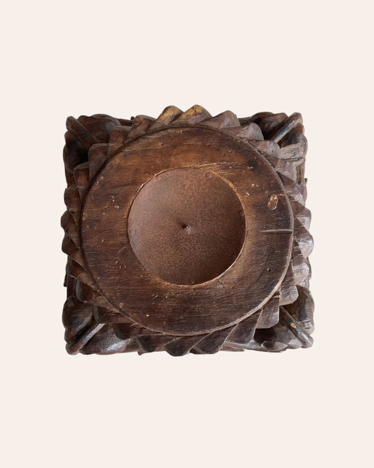 Vintage Gujarat Hand-Carved Scrollwork Wooden Pillar Base Candle Holder