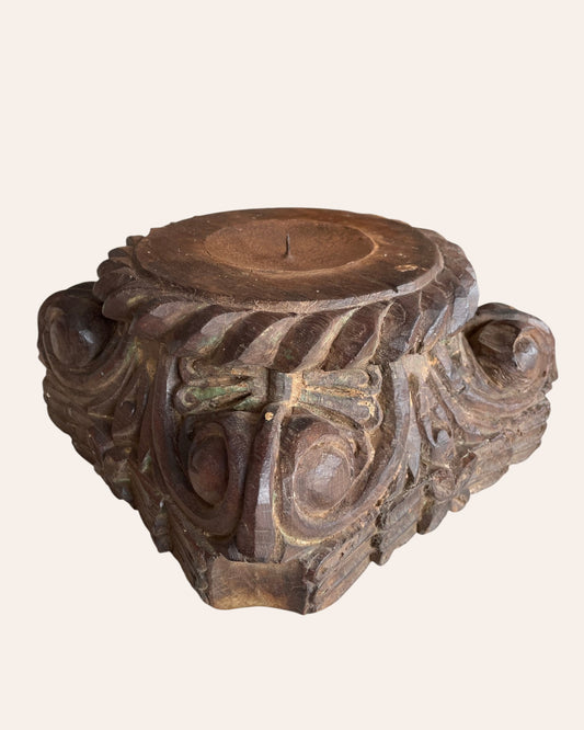 Vintage Gujarat Hand-Carved Scrollwork Wooden Pillar Base Candle Holder