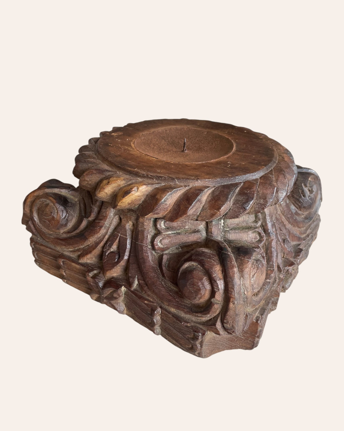 vintage gujarat hand-carved scrollwork wooden pillar base candle holder