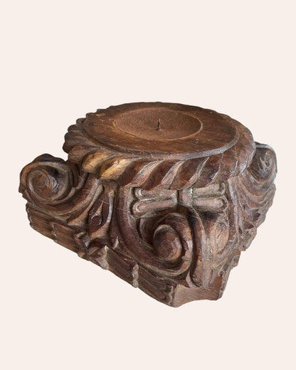 Vintage Gujarat Hand-Carved Scrollwork Wooden Pillar Base Candle Holder