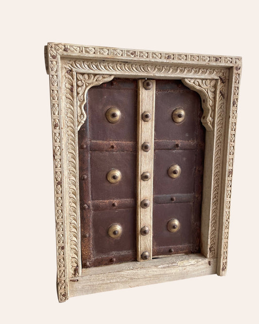 Vintage Hand-Carved Shekhawati Haveli Window with Opening Shutters