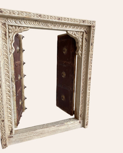 Vintage Hand-Carved Shekhawati Haveli Window with Opening Shutters