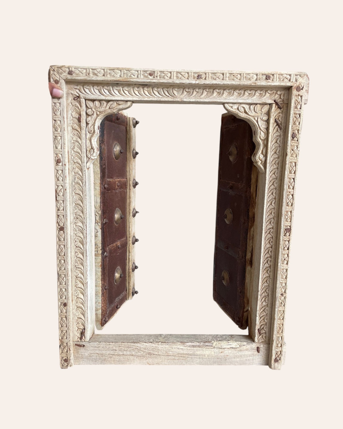 vintage hand-carved shekhawati haveli window with opening shutters