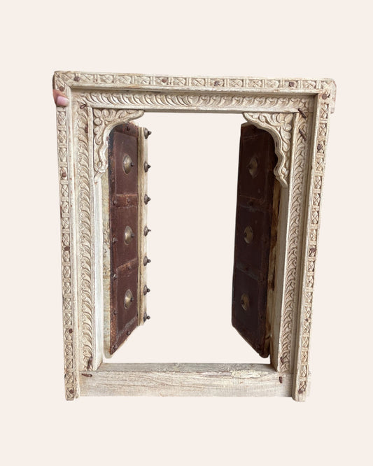 Vintage Hand-Carved Shekhawati Haveli Window with Opening Shutters