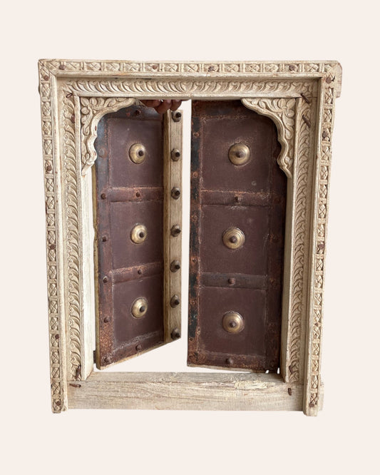 Vintage Hand-Carved Shekhawati Haveli Window with Opening Shutters