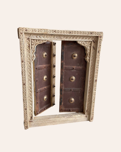 Vintage Hand-Carved Shekhawati Haveli Window with Opening Shutters