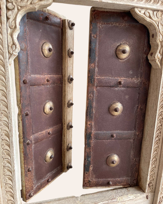 Vintage Hand-Carved Shekhawati Haveli Window with Opening Shutters