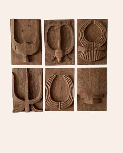 Naga-Inspired Carved Wooden Wall Décor Panels – Set of 6 / Natural Brown Finish