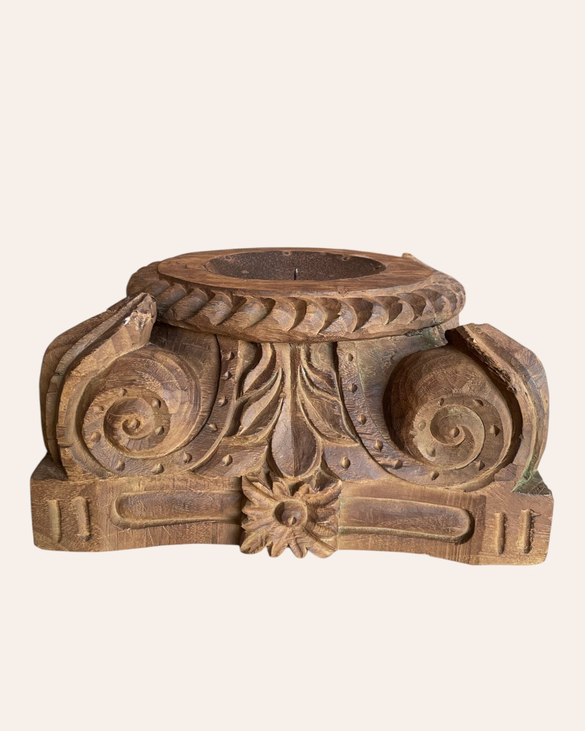 vintage gujarat hand-carved pillar base candle holder / planter