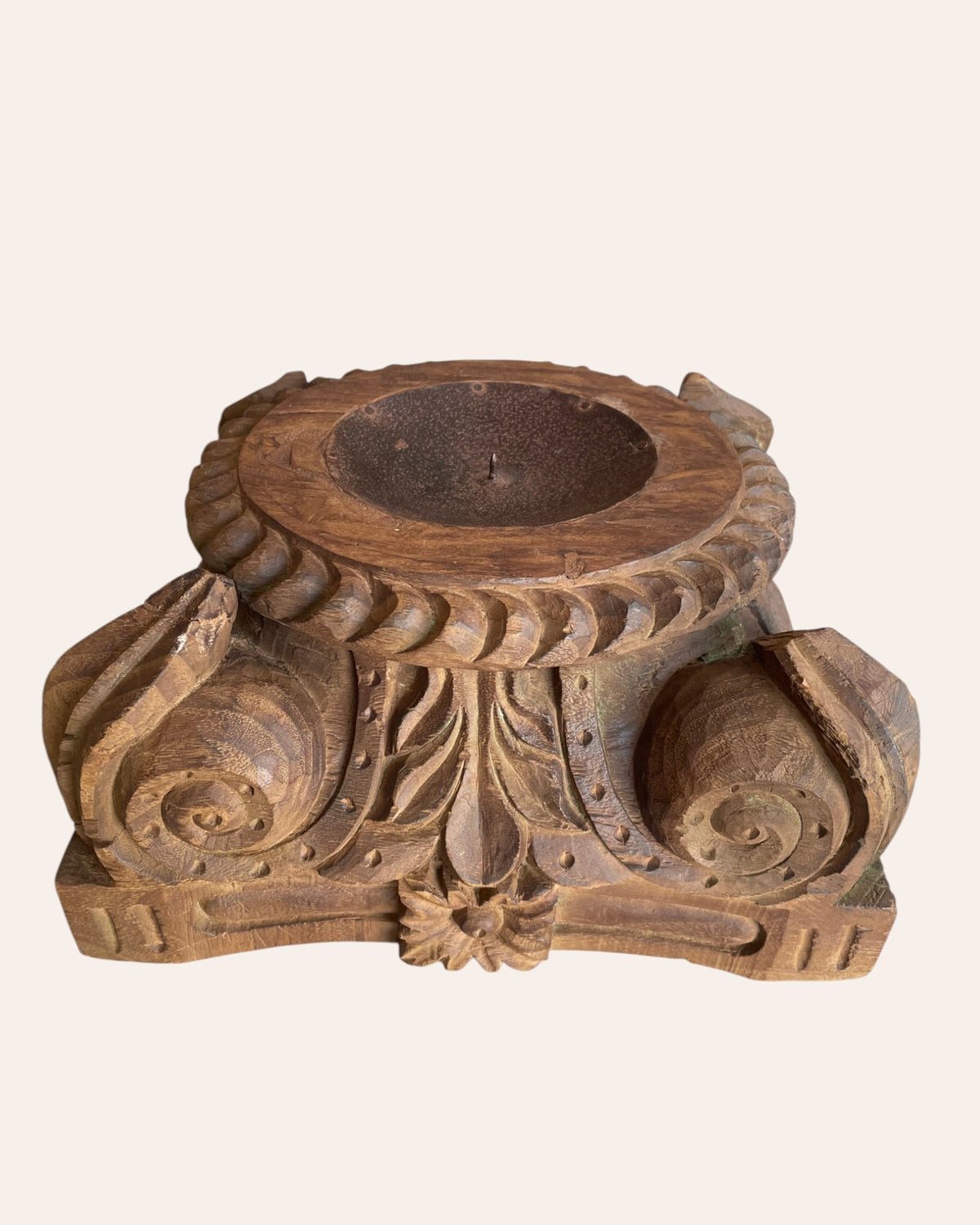 vintage gujarat hand-carved pillar base candle holder / planter