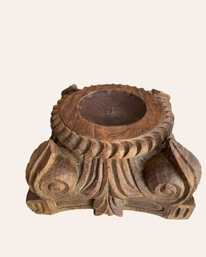 Vintage Gujarat Hand-Carved Pillar Base Candle Holder / Planter