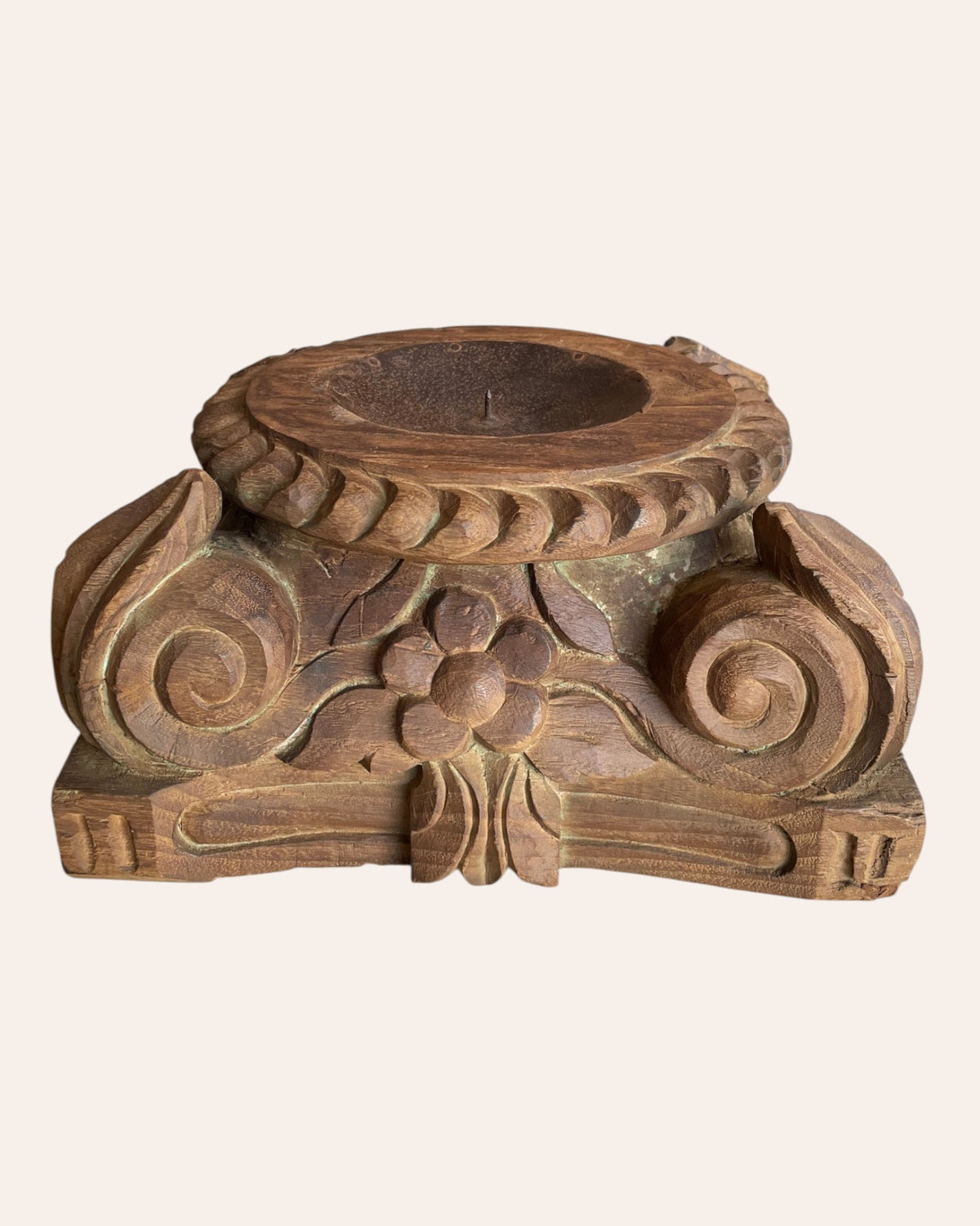 vintage gujarat hand-carved pillar base candle holder / planter