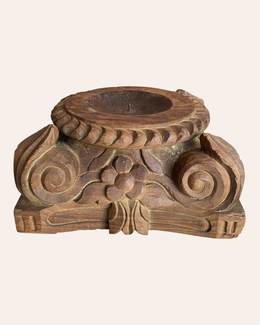 Vintage Gujarat Hand-Carved Pillar Base Candle Holder / Planter