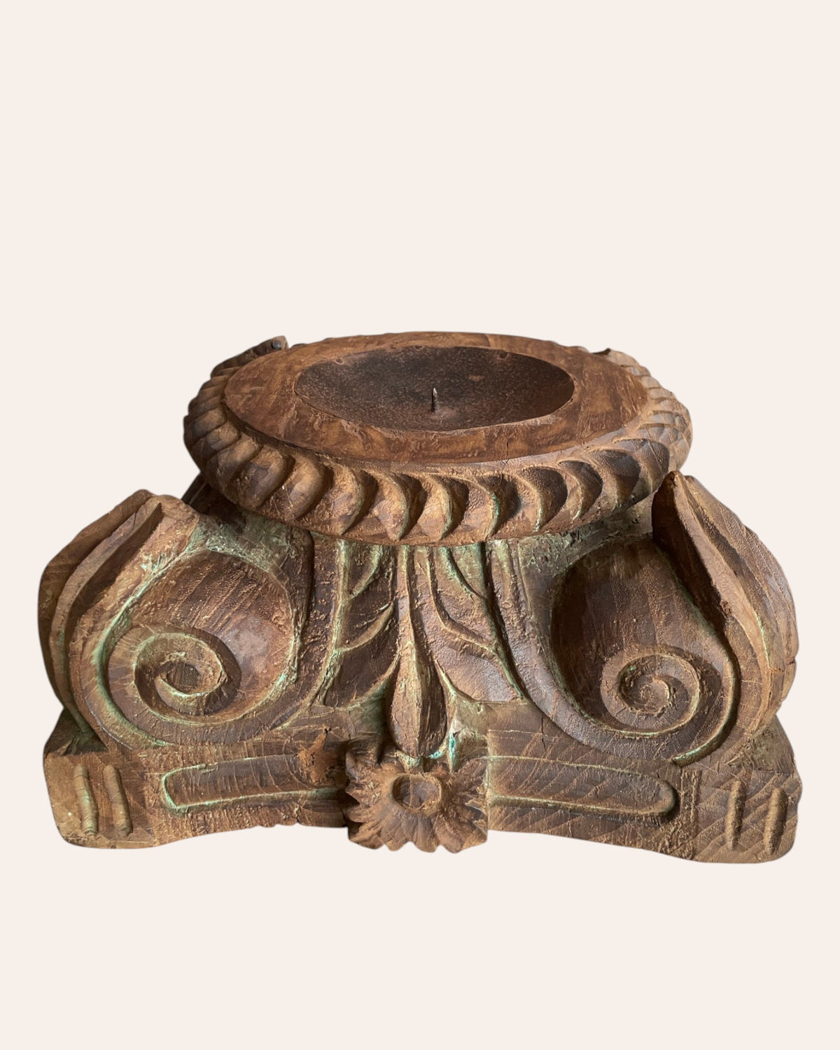 vintage gujarat hand-carved pillar base candle holder / planter