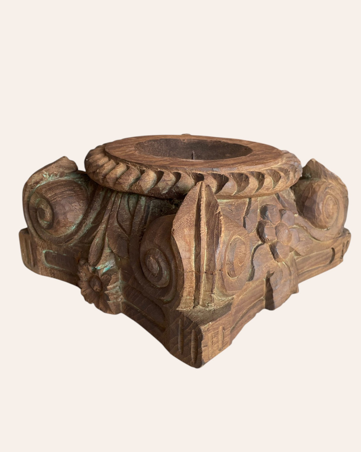 vintage gujarat hand-carved pillar base candle holder / planter
