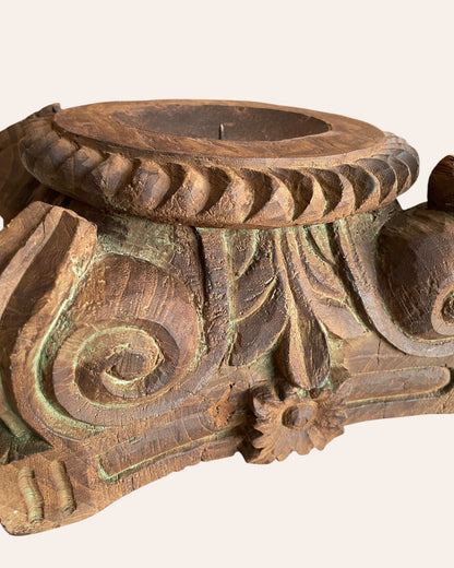 Vintage Gujarat Hand-Carved Pillar Base Candle Holder / Planter
