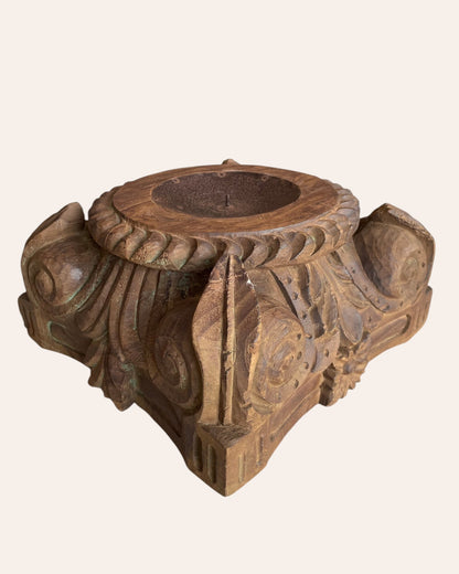 Vintage Gujarat Hand-Carved Pillar Base Candle Holder / Planter