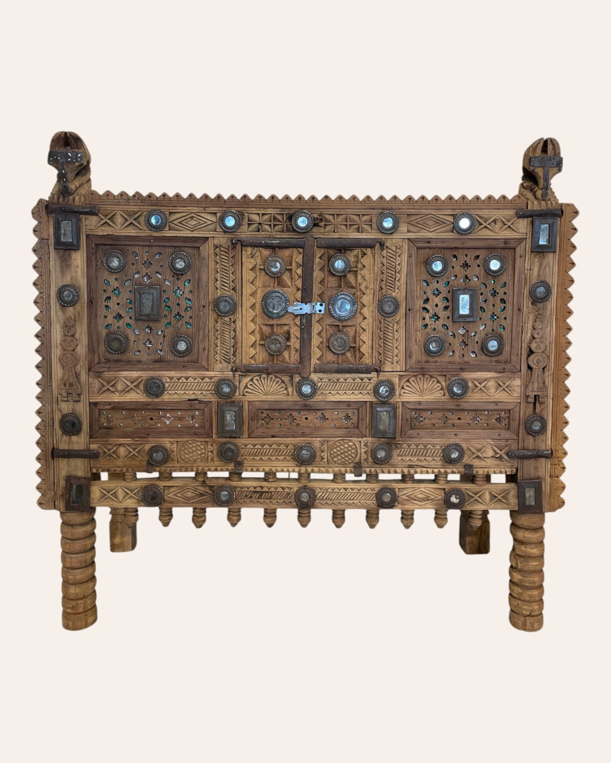 vintage kutch gujarat hand-carved wooden dowry chest damchiya with mirror inlay & iron details