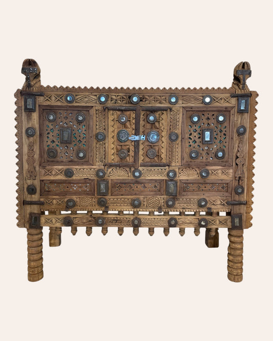 Vintage Kutch Gujarat Hand-Carved Wooden Dowry Chest Damchiya with Mirror Inlay & Iron Details