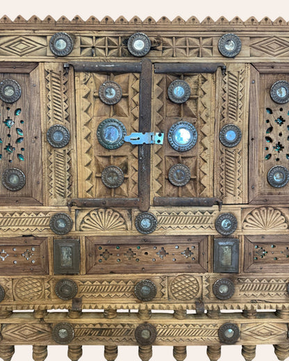 Vintage Kutch Gujarat Hand-Carved Wooden Dowry Chest Damchiya with Mirror Inlay & Iron Details
