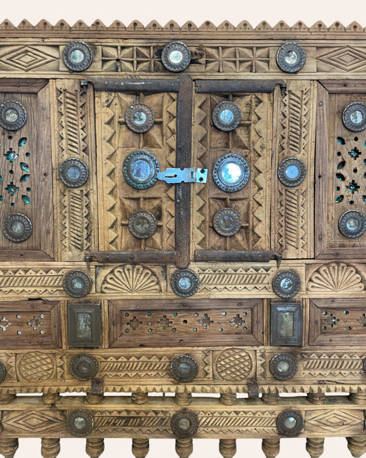 Vintage Kutch Gujarat Hand-Carved Wooden Dowry Chest Damchiya with Mirror Inlay & Iron Details
