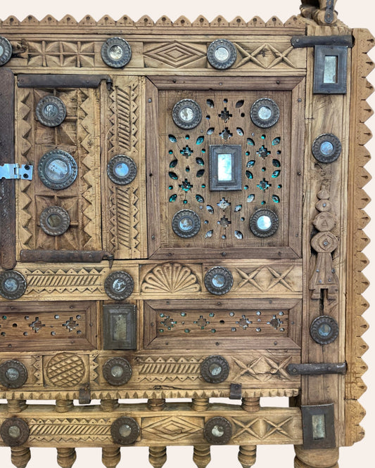 Vintage Kutch Gujarat Hand-Carved Wooden Dowry Chest Damchiya with Mirror Inlay & Iron Details