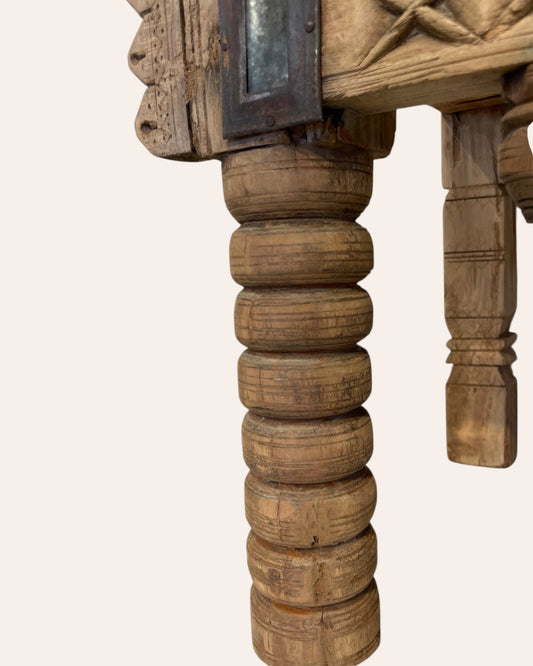 Vintage Kutch Gujarat Hand-Carved Wooden Dowry Chest Damchiya with Mirror Inlay & Iron Details