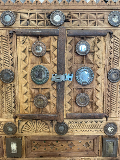 Vintage Kutch Gujarat Hand-Carved Wooden Dowry Chest Damchiya with Mirror Inlay & Iron Details