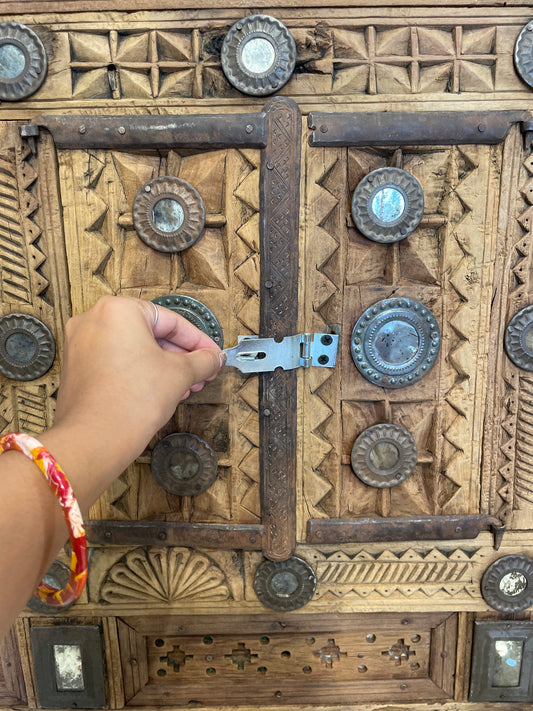 Vintage Kutch Gujarat Hand-Carved Wooden Dowry Chest Damchiya with Mirror Inlay & Iron Details