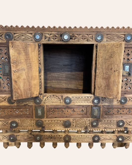 Vintage Kutch Gujarat Hand-Carved Wooden Dowry Chest Damchiya with Mirror Inlay & Iron Details