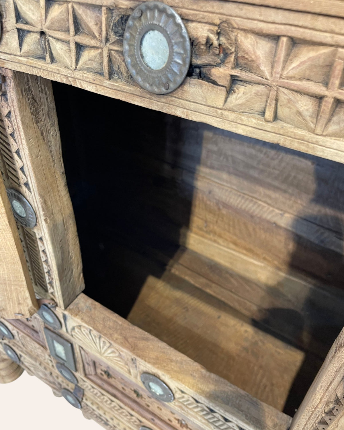 vintage kutch gujarat hand-carved wooden dowry chest damchiya with mirror inlay & iron details