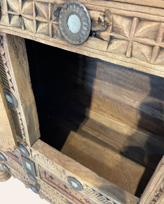 Vintage Kutch Gujarat Hand-Carved Wooden Dowry Chest Damchiya with Mirror Inlay & Iron Details