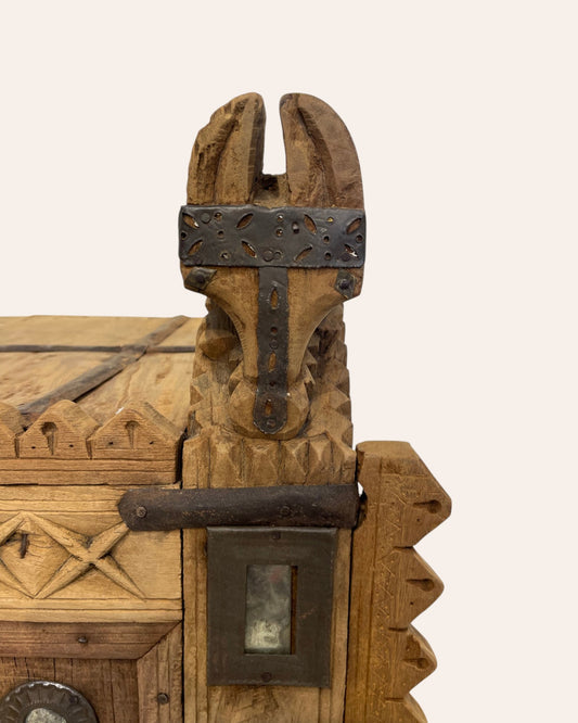 Vintage Kutch Gujarat Hand-Carved Wooden Dowry Chest Damchiya with Mirror Inlay & Iron Details