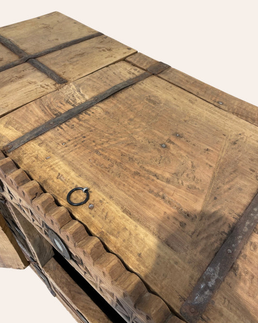 Vintage Kutch Gujarat Hand-Carved Wooden Dowry Chest Damchiya with Mirror Inlay & Iron Details
