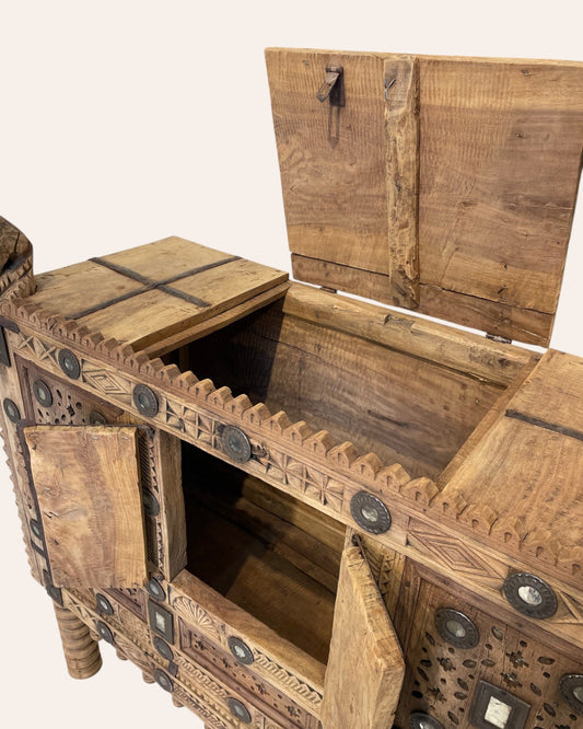 Vintage Kutch Gujarat Hand-Carved Wooden Dowry Chest Damchiya with Mirror Inlay & Iron Details