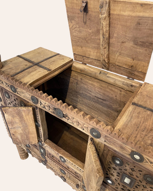 Vintage Kutch Gujarat Hand-Carved Wooden Dowry Chest Damchiya with Mirror Inlay & Iron Details
