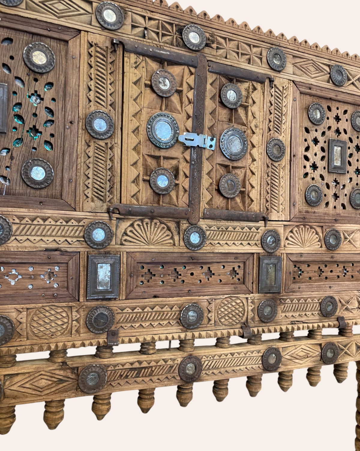vintage kutch gujarat hand-carved wooden dowry chest damchiya with mirror inlay & iron details