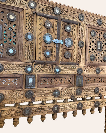 Vintage Kutch Gujarat Hand-Carved Wooden Dowry Chest Damchiya with Mirror Inlay & Iron Details