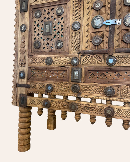 Vintage Kutch Gujarat Hand-Carved Wooden Dowry Chest Damchiya with Mirror Inlay & Iron Details