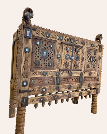 Vintage Kutch Gujarat Hand-Carved Wooden Dowry Chest Damchiya with Mirror Inlay & Iron Details