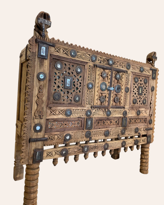 Vintage Kutch Gujarat Hand-Carved Wooden Dowry Chest Damchiya with Mirror Inlay & Iron Details