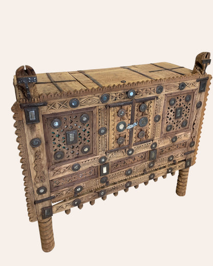 Vintage Kutch Gujarat Hand-Carved Wooden Dowry Chest Damchiya with Mirror Inlay & Iron Details