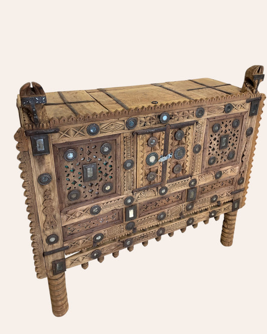 Vintage Kutch Gujarat Hand-Carved Wooden Dowry Chest Damchiya with Mirror Inlay & Iron Details