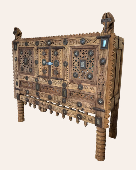 Vintage Kutch Gujarat Hand-Carved Wooden Dowry Chest Damchiya with Mirror Inlay & Iron Details