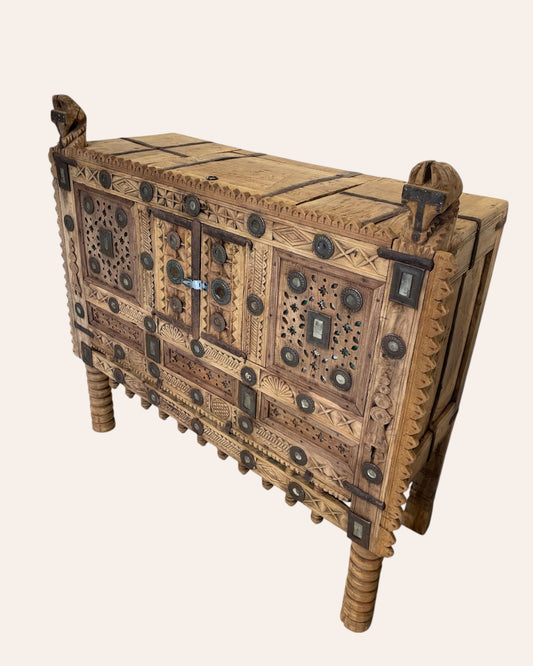 Vintage Kutch Gujarat Hand-Carved Wooden Dowry Chest Damchiya with Mirror Inlay & Iron Details