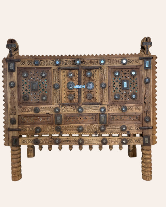 Vintage Kutch Gujarat Hand-Carved Wooden Dowry Chest Damchiya with Mirror Inlay & Iron Details