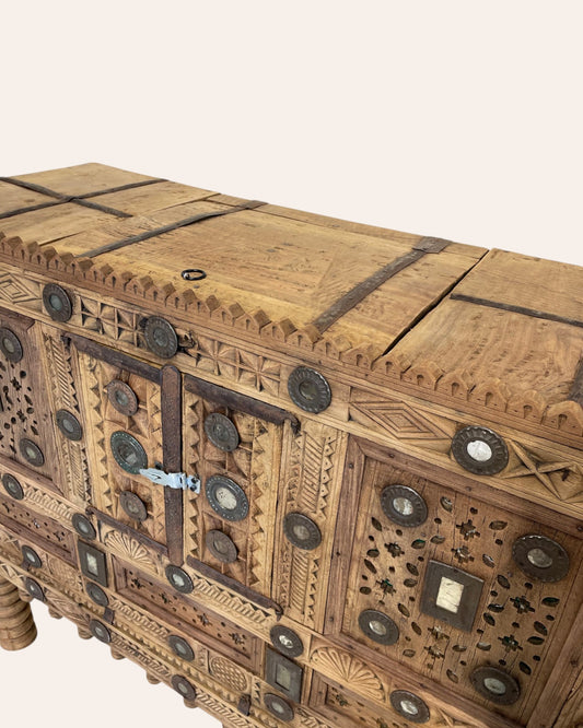 Vintage Kutch Gujarat Hand-Carved Wooden Dowry Chest Damchiya with Mirror Inlay & Iron Details