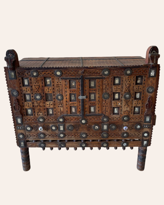 Old Gujarat Kutch Wooden Damchiya with Mirror Inlay with Traditional Chor Khana / Secret Storage